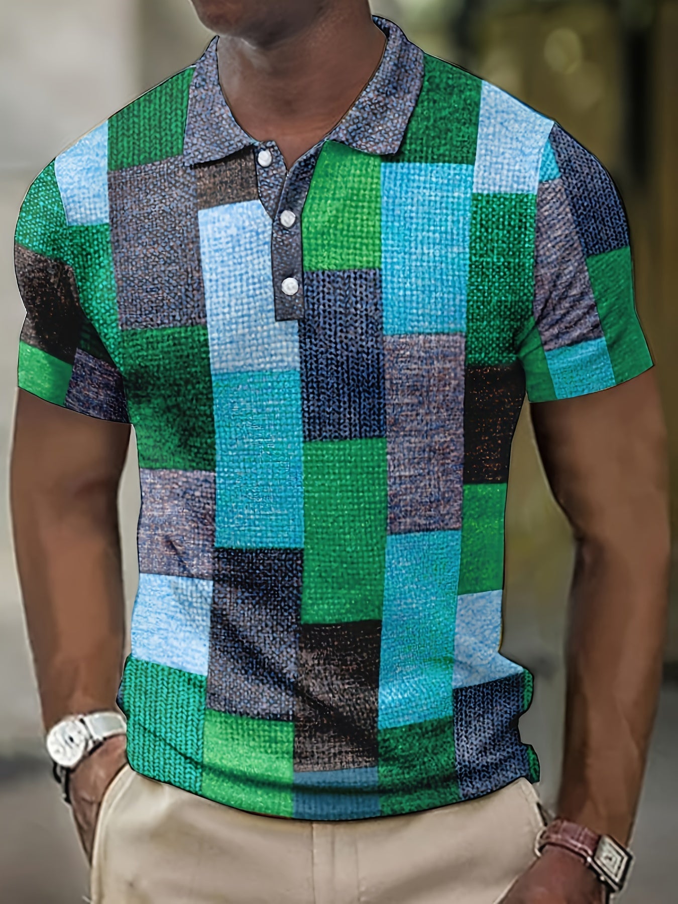 Trendy Plaid Print Men's Casual Button Up Short Sleeve Lightweight Shirt, Spring Fall