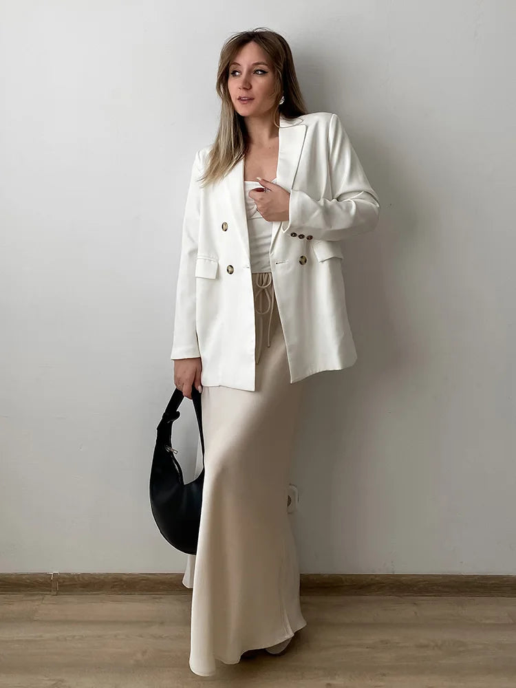 Streamgirl A Line Long Satin Skirts For Women Black 2024 Elegant High Waist Maxi Beige Skirts Silk Lace Up Long Skirt Women