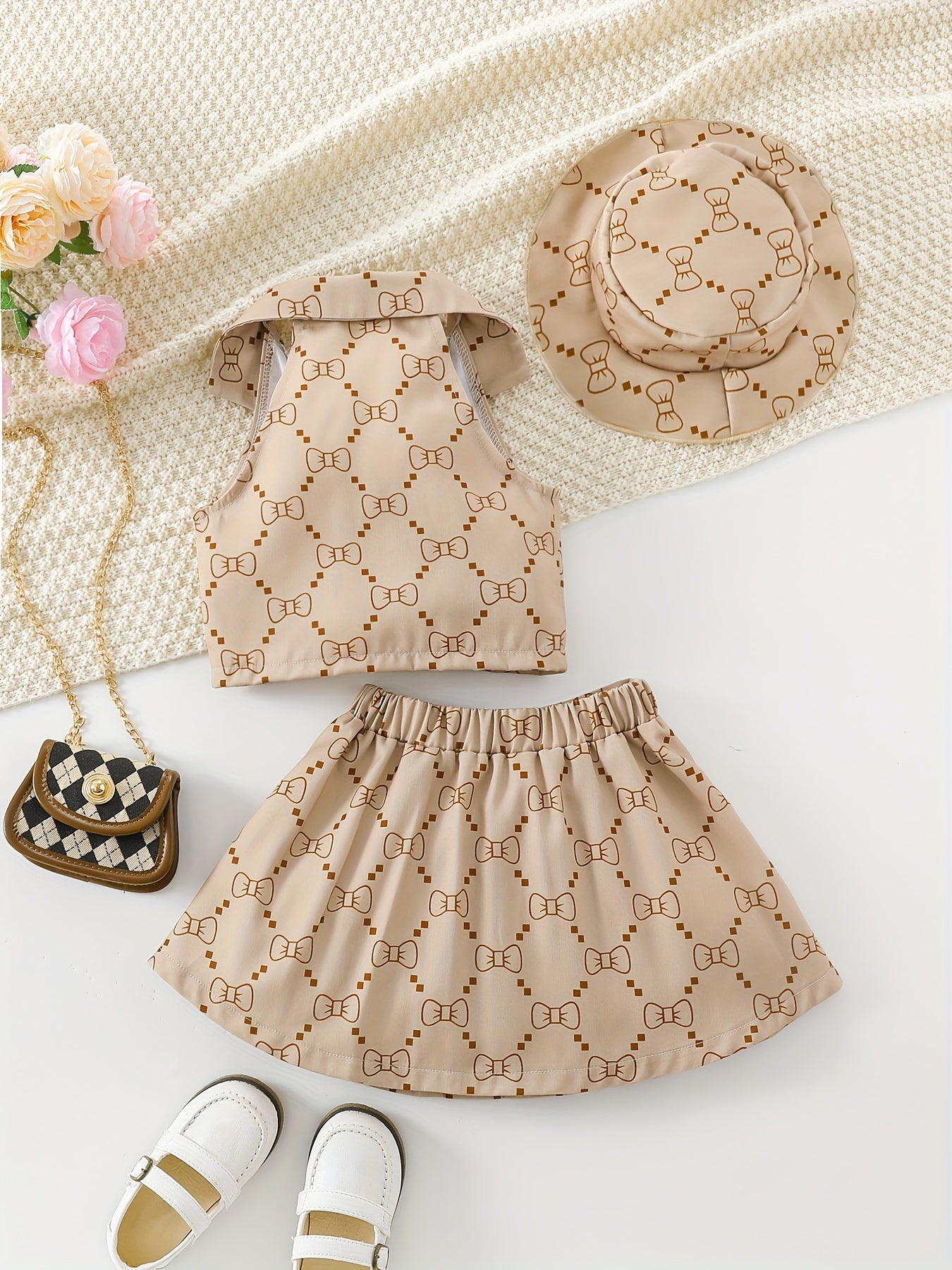 3-Piece Set, Sweet Bows Print Lapel Sleeveless Vest + Short Skirt + Hat - Spring/ Summer Clothes, Girls Outfit, Gift