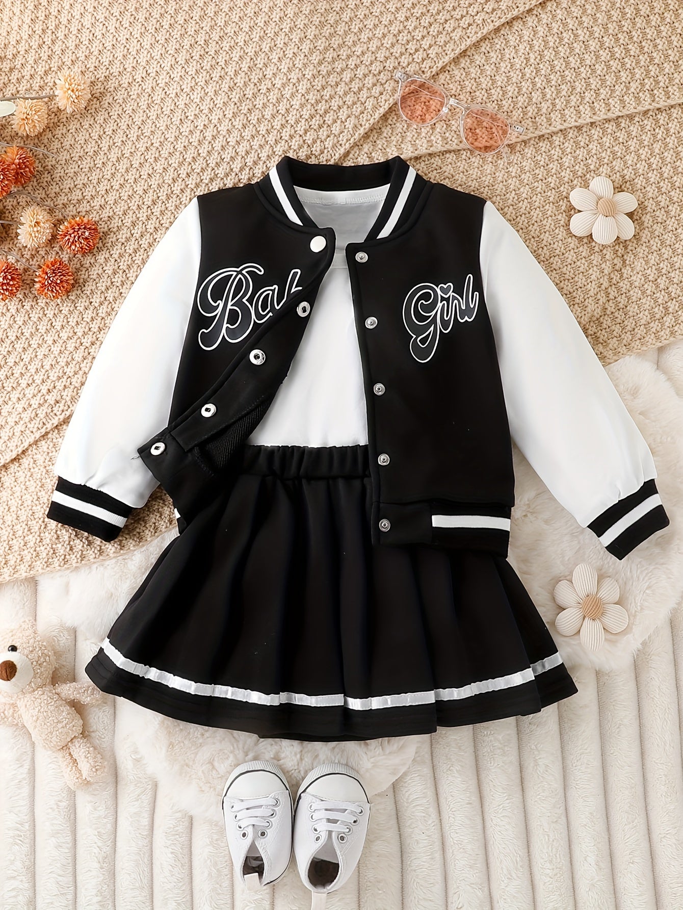 Preppy Style Girls 2pcs BABY GIRL Print Baseball Jacket + Pleated Skirt Set For Party Sports Gift