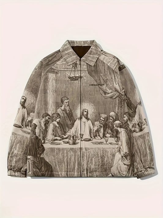 The Last Supper Painting Print Lapel Collar Zip Up Sports Jacket For Men, Retro Style Windbreaker Jacket For Spring And Fall Street Wear