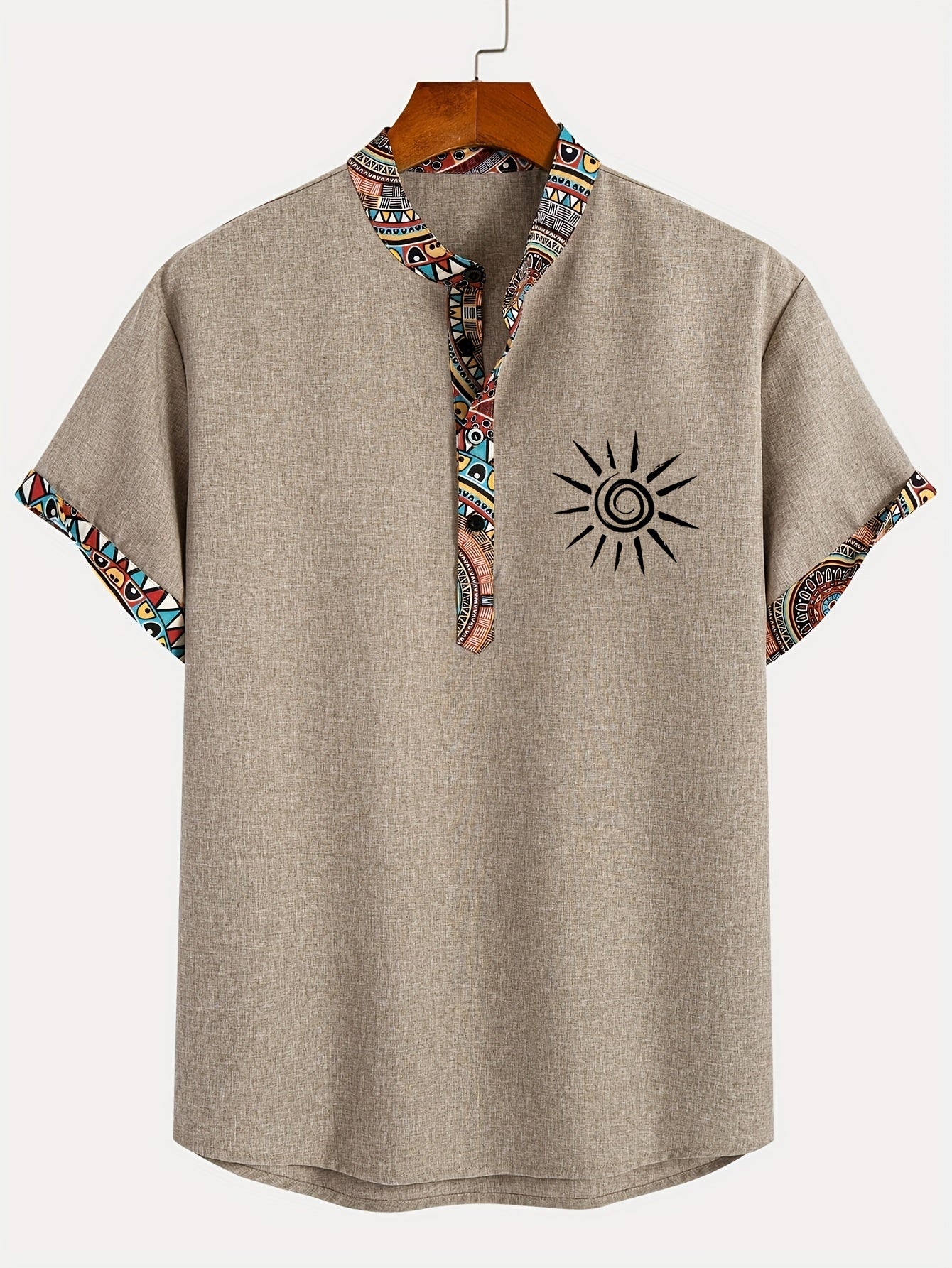 Men's Ethnic Style Animal Skull And Geometric Pattern Short Sleeve Henley Shirt, Casual And Trendy Pure Cotton Tops For Summer Outdoors And Holiday Wear