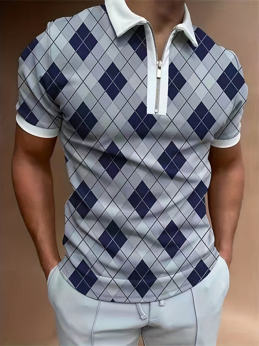 Geometric Pattern Print Men's Casual Short Sleeves Zipper Graphic Shirts, Lapel Collar Tops Pullovers, Men's Clothing For Summer