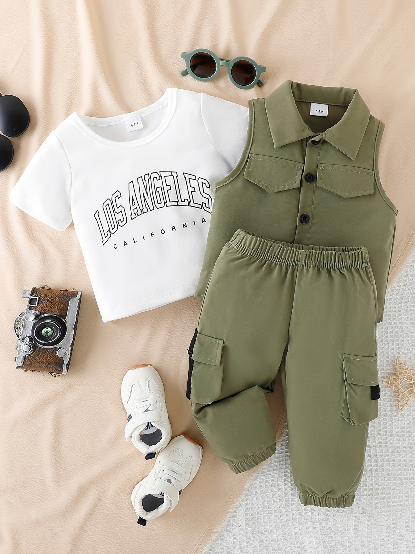 3pcs Infant & Toddler's Street Style Outfit, Casual Vest & Letter Print T-shirt & Cargo Pants, Baby Boy's Clothes