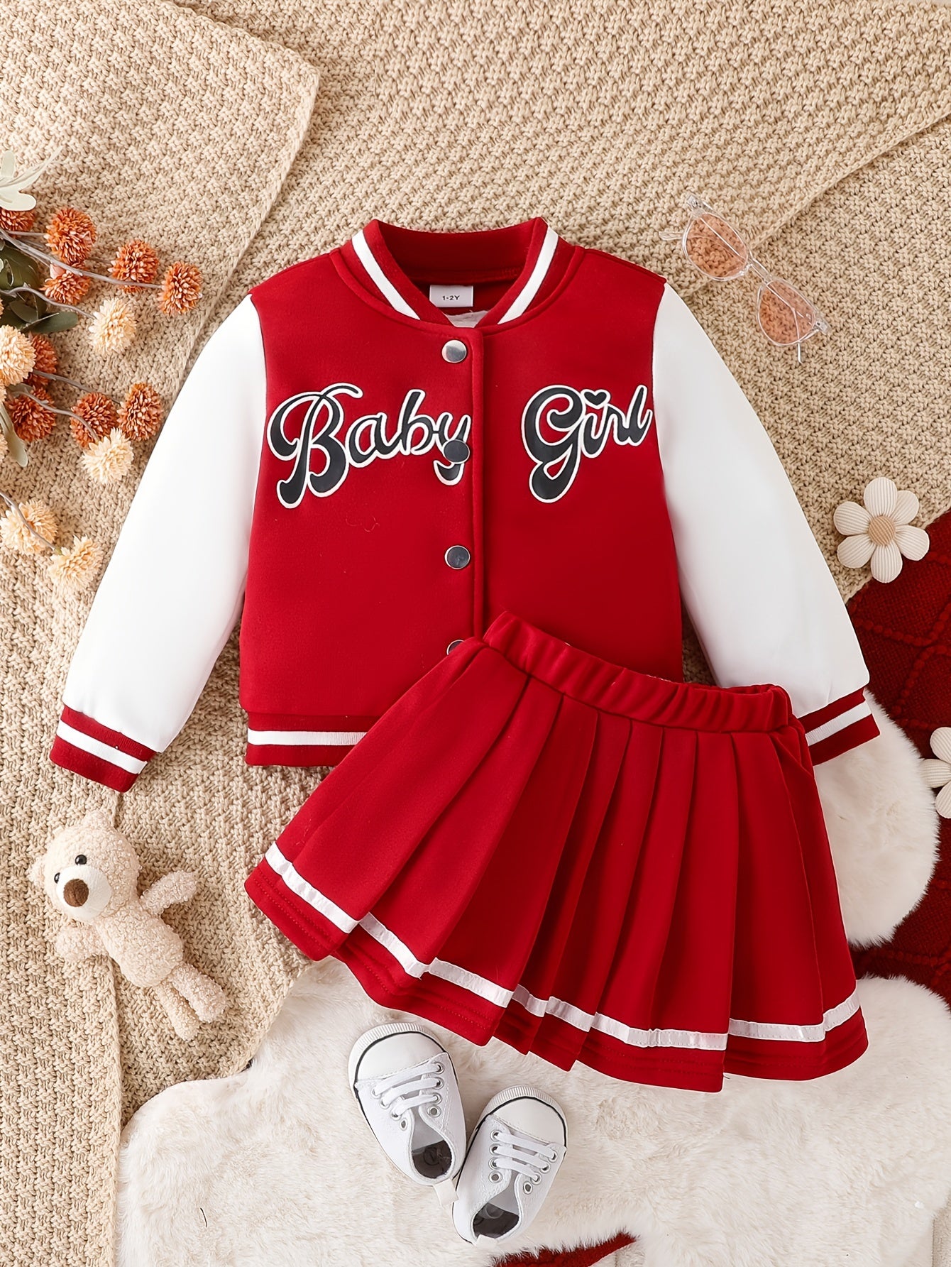 Preppy Style Girls 2pcs BABY GIRL Print Baseball Jacket + Pleated Skirt Set For Party Sports Gift