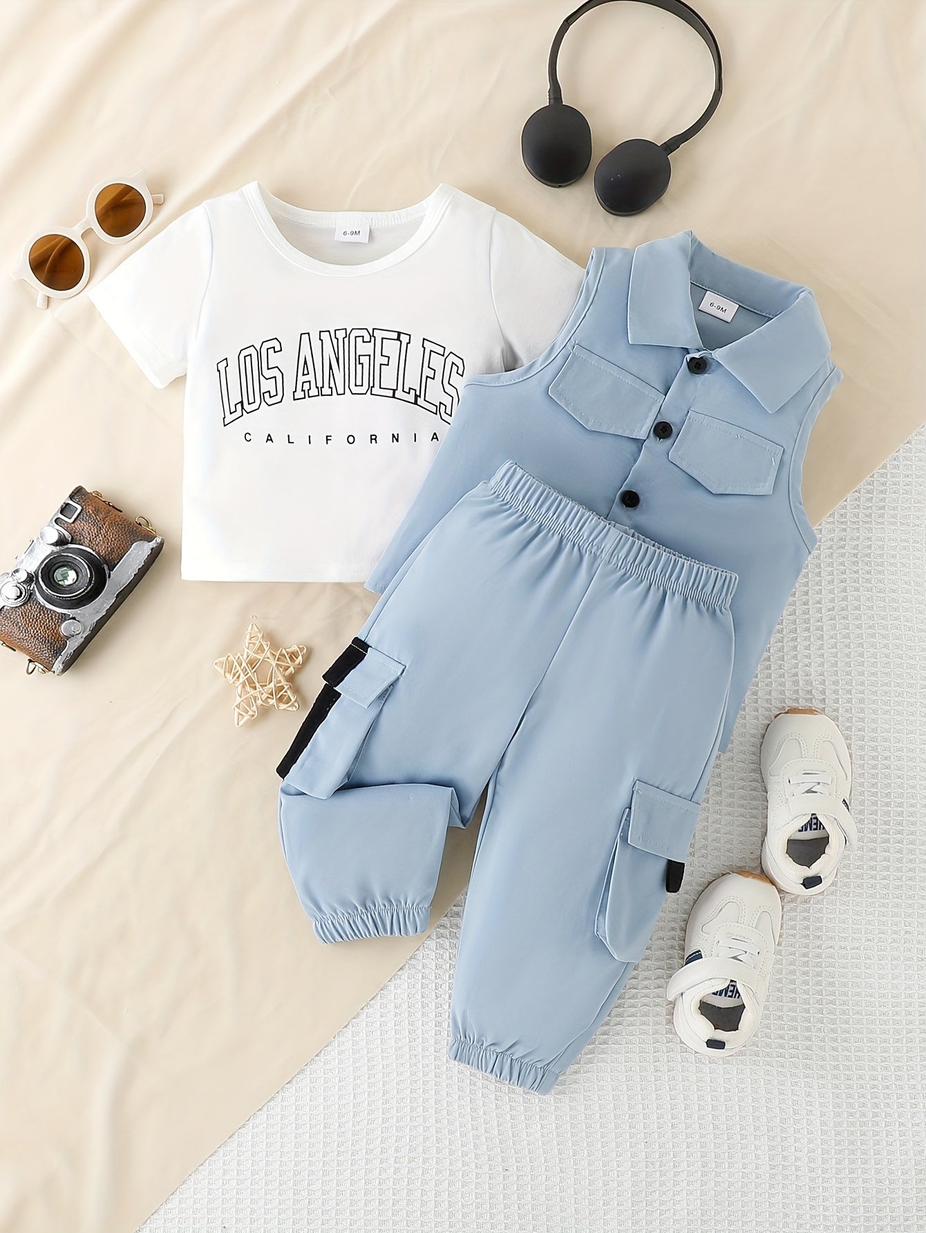 3pcs Infant & Toddler's Street Style Outfit, Casual Vest & Letter Print T-shirt & Cargo Pants, Baby Boy's Clothes