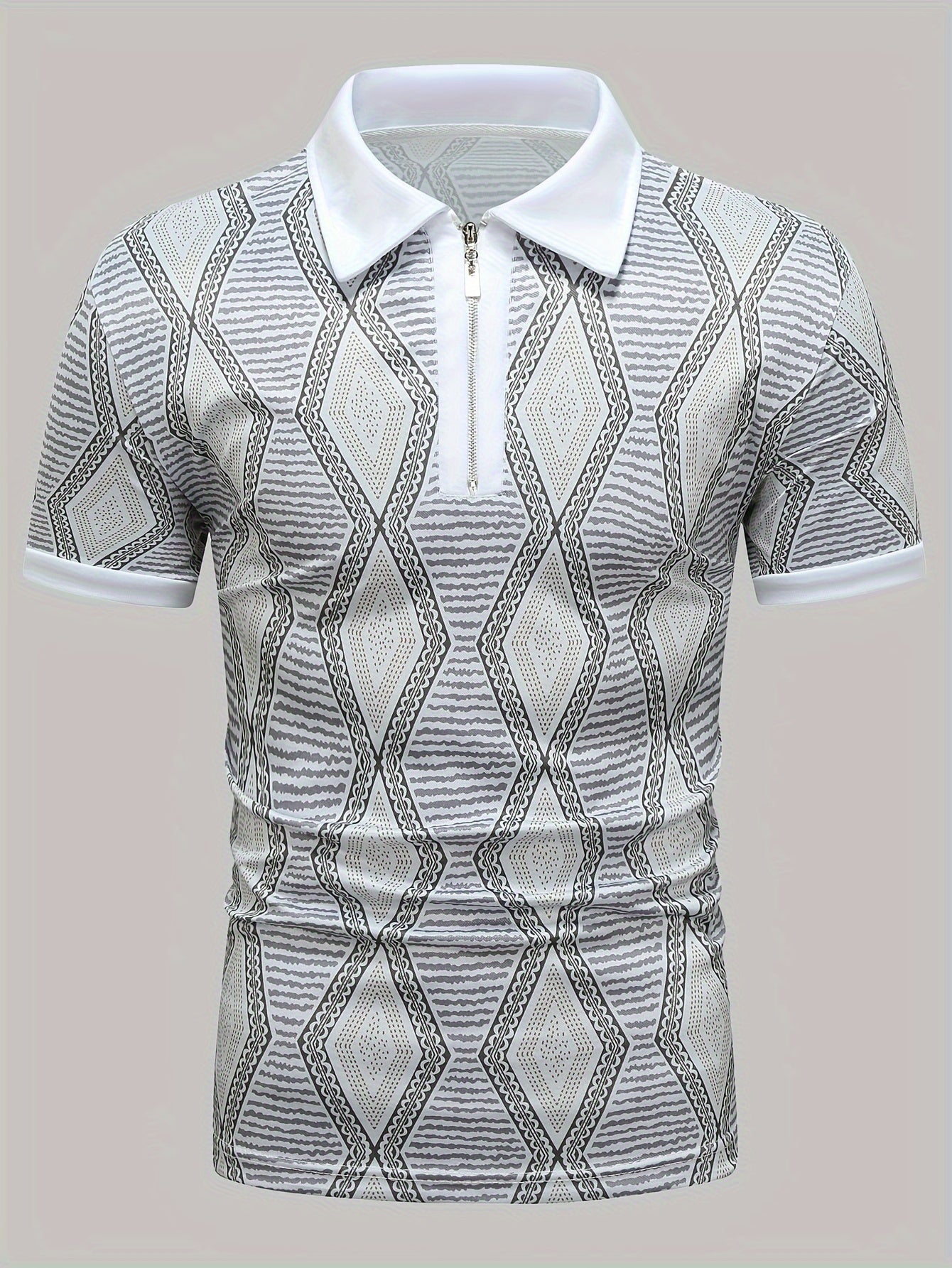 Geometric Pattern Print Men's Casual Short Sleeves Zipper Graphic Shirts, Lapel Collar Tops Pullovers, Men's Clothing For Summer