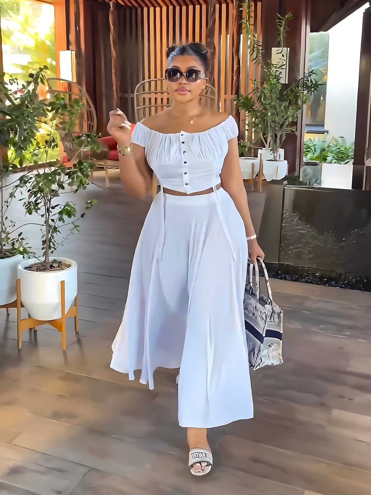 Casual Solid Two-piece Set, Off Shoulder Button Front Crop Top & Long Skirt Outfits, Women's Clothing