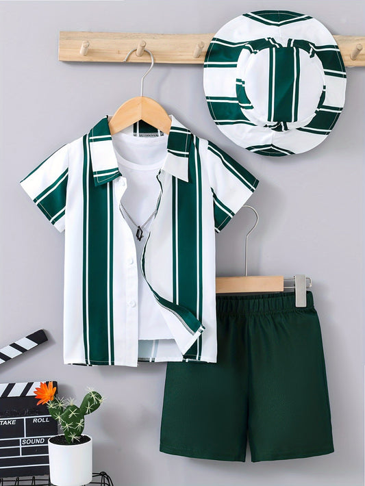 3pcs Boys Casual Stripe Comfortable Versatile Short Sleeve Collared Shirt With Hat & Shorts Set, Cool, Lightweight And Comfy Summer Clothes