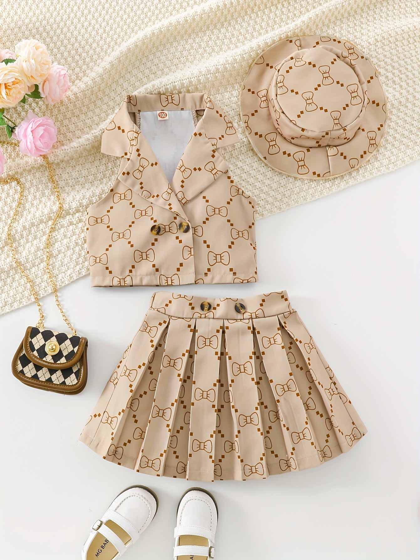 3-Piece Set, Sweet Bows Print Lapel Sleeveless Vest + Short Skirt + Hat - Spring/ Summer Clothes, Girls Outfit, Gift