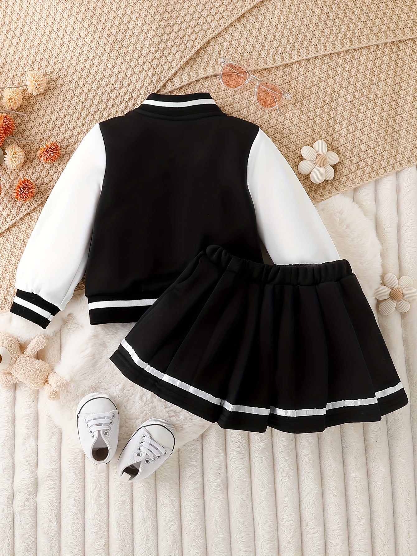 Preppy Style Girls 2pcs BABY GIRL Print Baseball Jacket + Pleated Skirt Set For Party Sports Gift