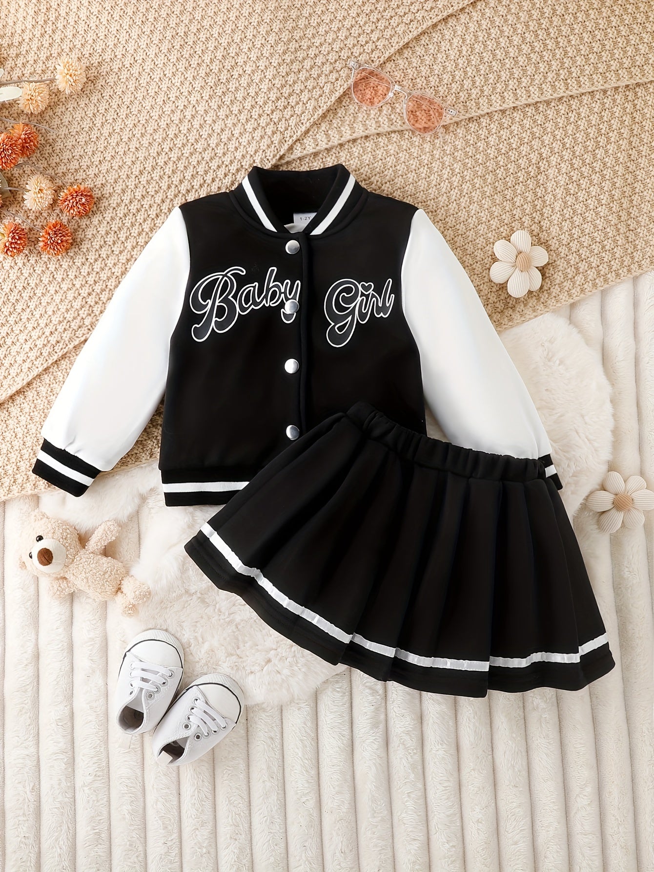 Preppy Style Girls 2pcs BABY GIRL Print Baseball Jacket + Pleated Skirt Set For Party Sports Gift