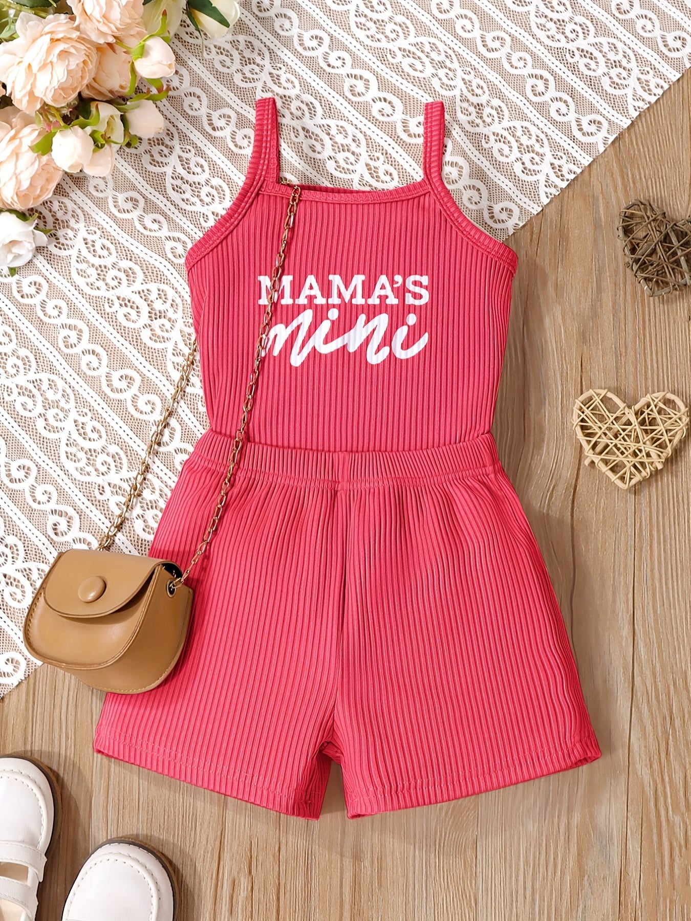 2pcs Toddler Girls Letter "MAMA'S MINI" Graphic Cami Top & Elastic Waist Shorts Set Kids Summer Clothes