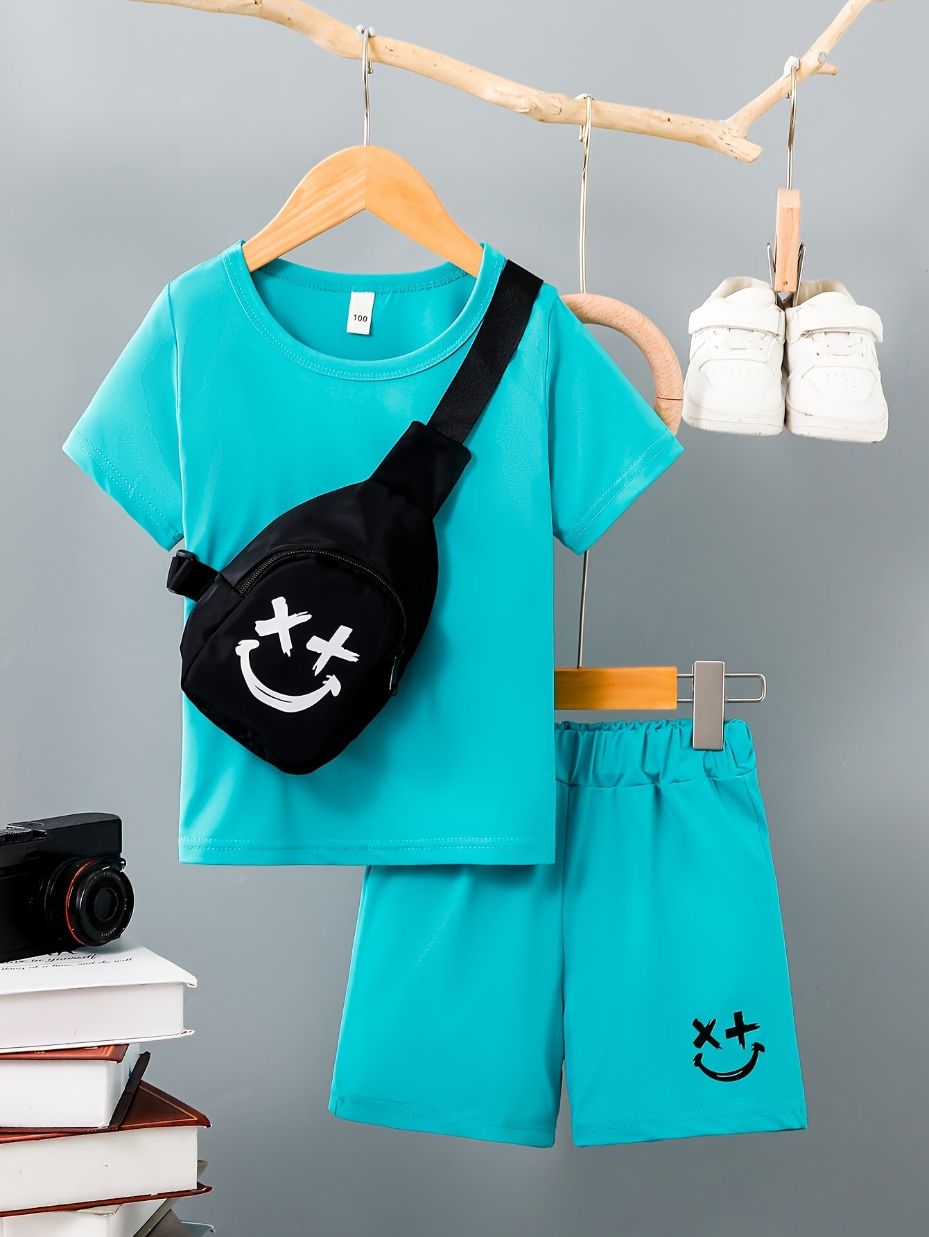 3pcs Boys Casual Solid Short Sleeve T-shirt & Smile Face Print Shorts & Crossbody Bag Set, Comfy Summer Kids Clothing