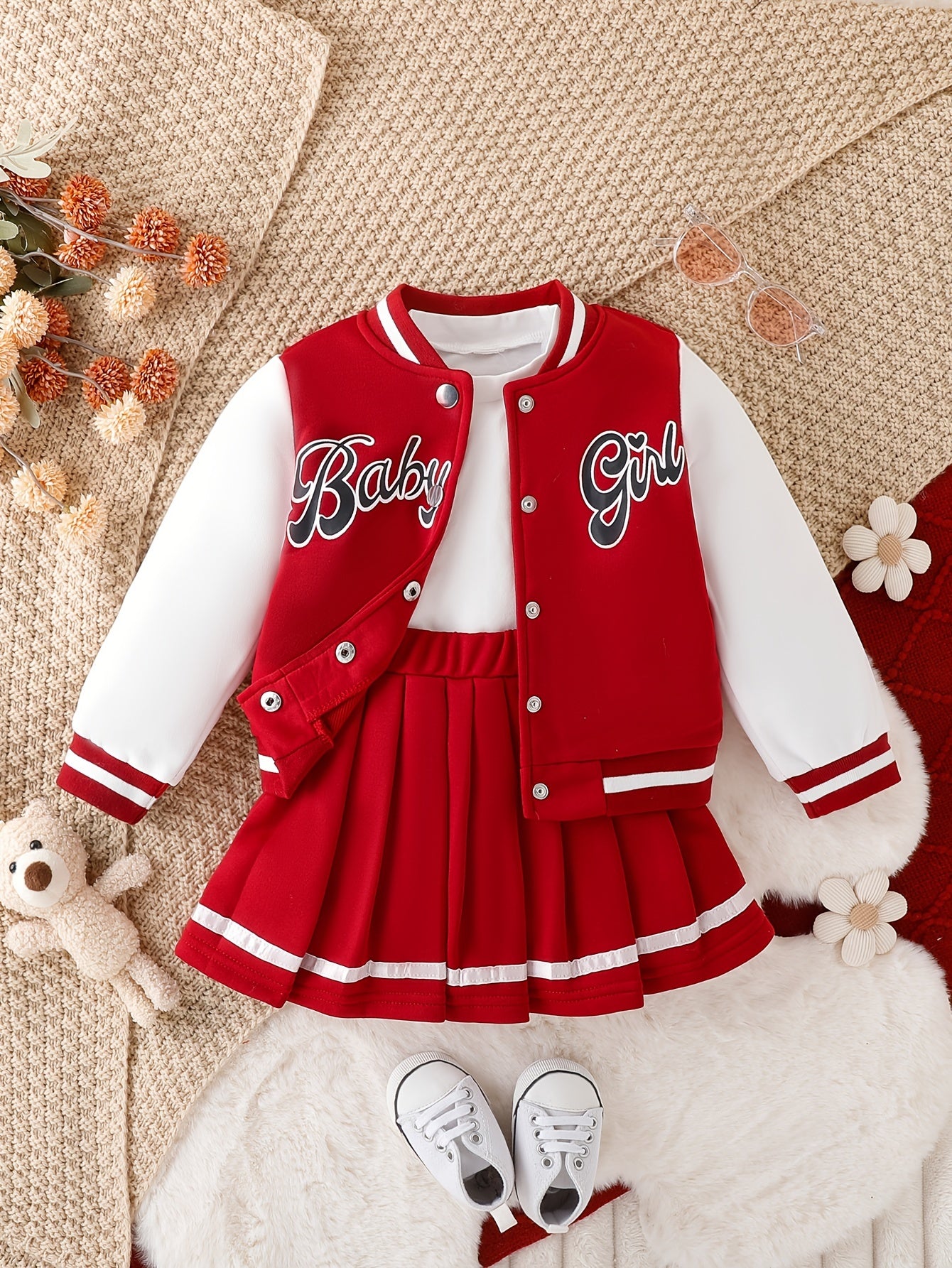 Preppy Style Girls 2pcs BABY GIRL Print Baseball Jacket + Pleated Skirt Set For Party Sports Gift