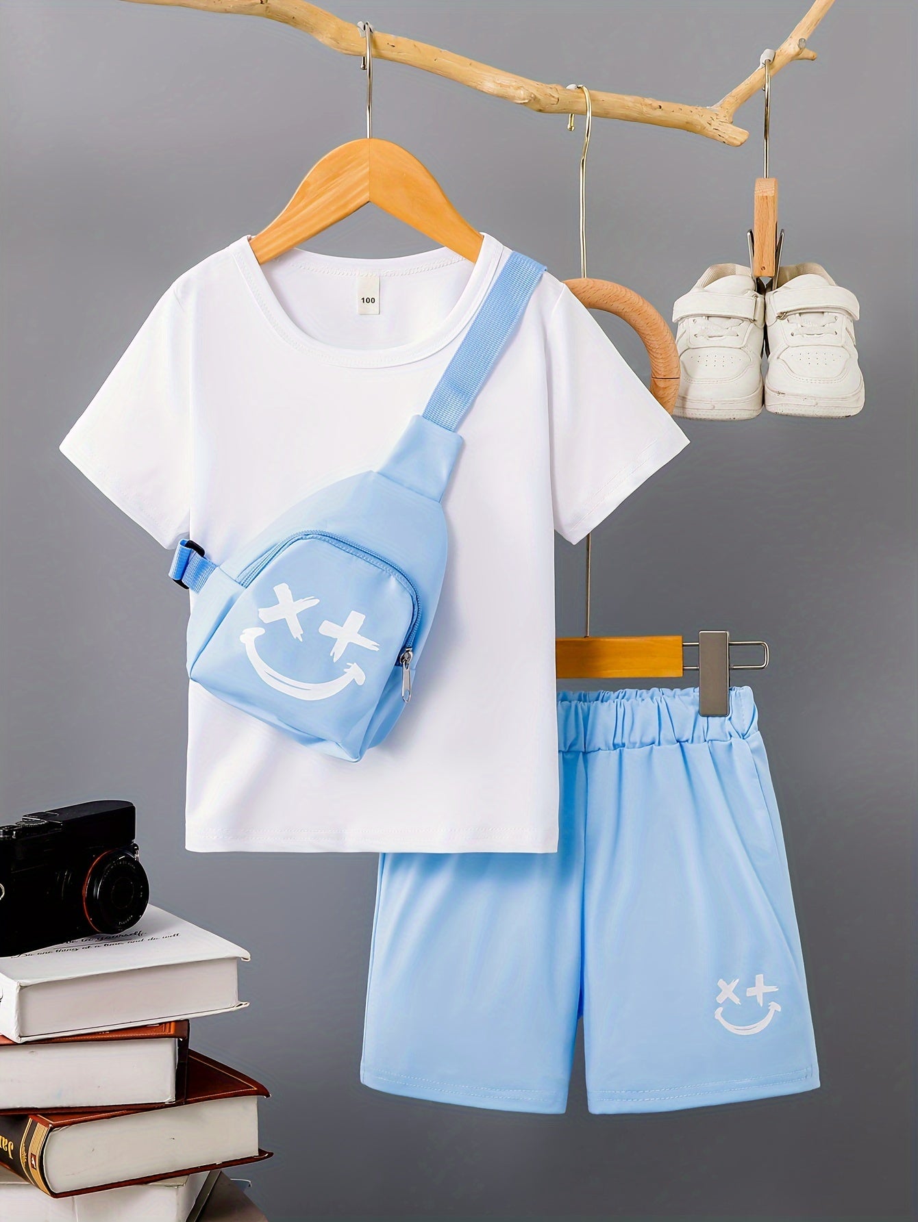 3pcs Boys Casual Solid Short Sleeve T-shirt & Smile Face Print Shorts & Crossbody Bag Set, Comfy Summer Kids Clothing