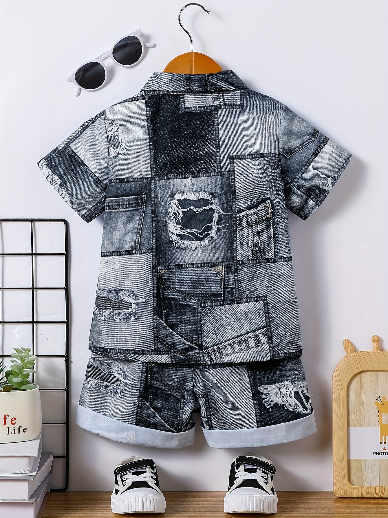 2pcs Boys Casual Versatile Imitation Denim Short Sleeve Lapel Shirt & Shorts Set, Cool, Lightweight And Comfy Summer Clothes