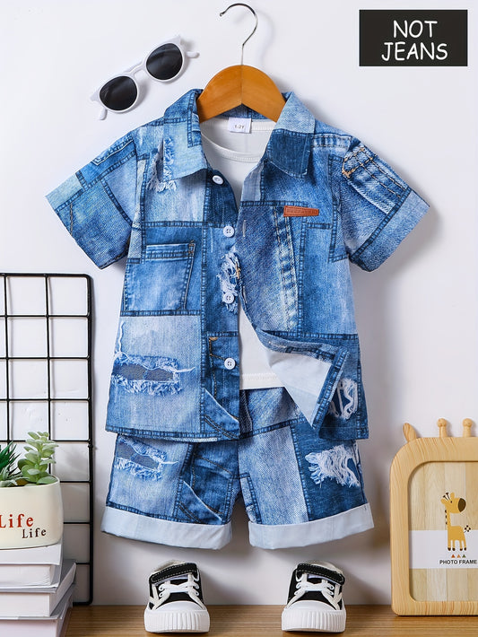 2pcs Boys Casual Versatile Imitation Denim Short Sleeve Lapel Shirt & Shorts Set, Cool, Lightweight And Comfy Summer Clothes