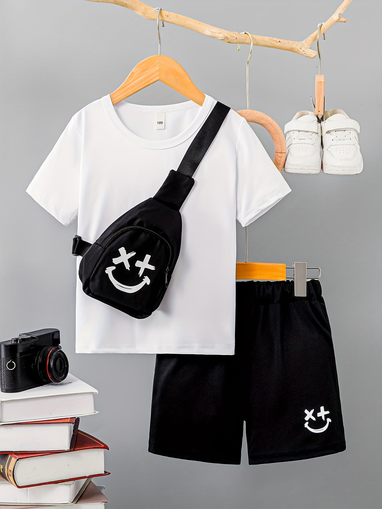 3pcs Boys Casual Solid Short Sleeve T-shirt & Smile Face Print Shorts & Crossbody Bag Set, Comfy Summer Kids Clothing