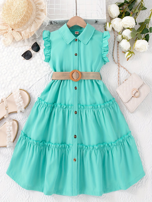 Girls Elegant Button Up Frill Sleeveless Dress Regular Fit Mid-Length Party Vacation Dress With Belt