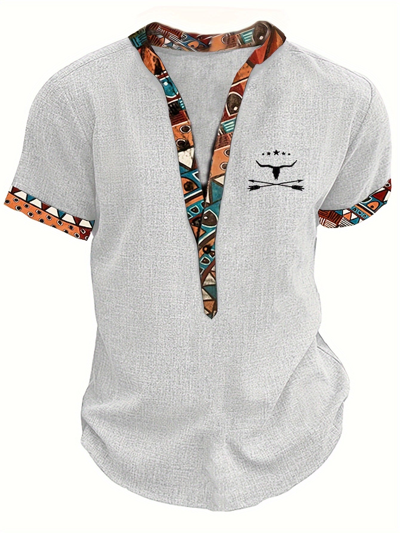 Men's Ethnic Style Animal Skull And Geometric Pattern Short Sleeve Henley Shirt, Casual And Trendy Pure Cotton Tops For Summer Outdoors And Holiday Wear