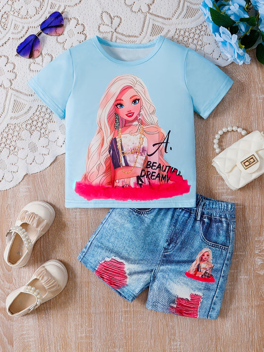 Celebrity Cartoon Print Girls 2PCS Short Sleeve Top + 3D Graphic Shorts Set, Casual Holiday Summer Outfit