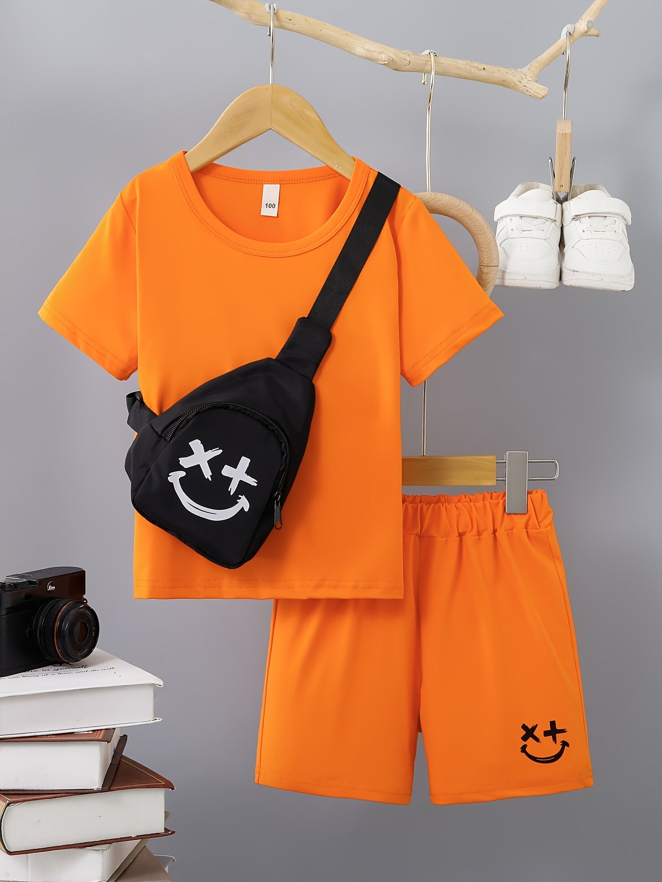 3pcs Boys Casual Solid Short Sleeve T-shirt & Smile Face Print Shorts & Crossbody Bag Set, Comfy Summer Kids Clothing