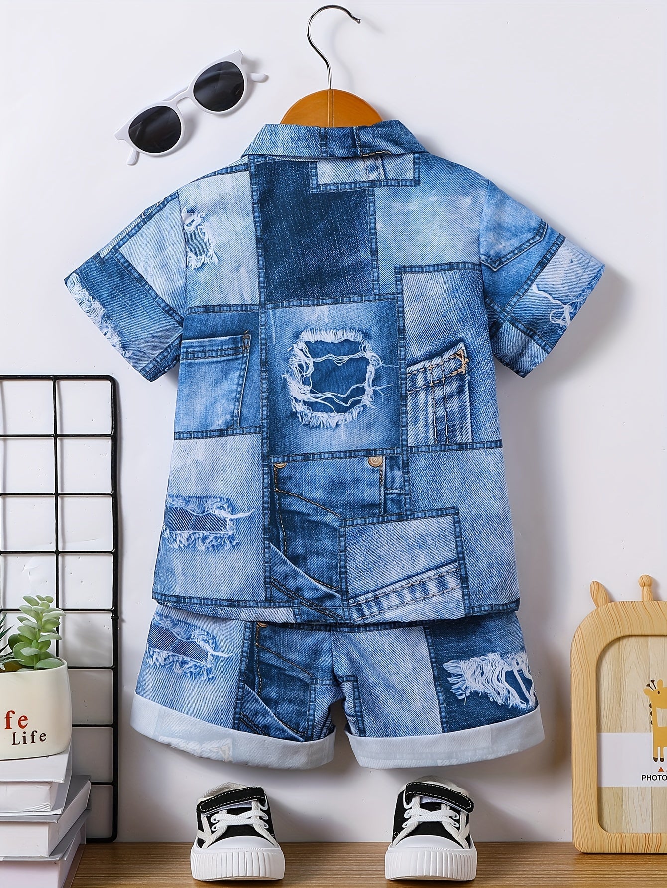 2pcs Boys Casual Versatile Imitation Denim Short Sleeve Lapel Shirt & Shorts Set, Cool, Lightweight And Comfy Summer Clothes