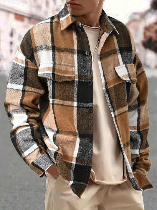 Fashionable And Simple Men's Long Sleeve Casual Lapel Simple Plaid Shirt, Trendy And Versatile, Suitable For Dates, For Social Occasions And Appointments, For Summer Spring Fall