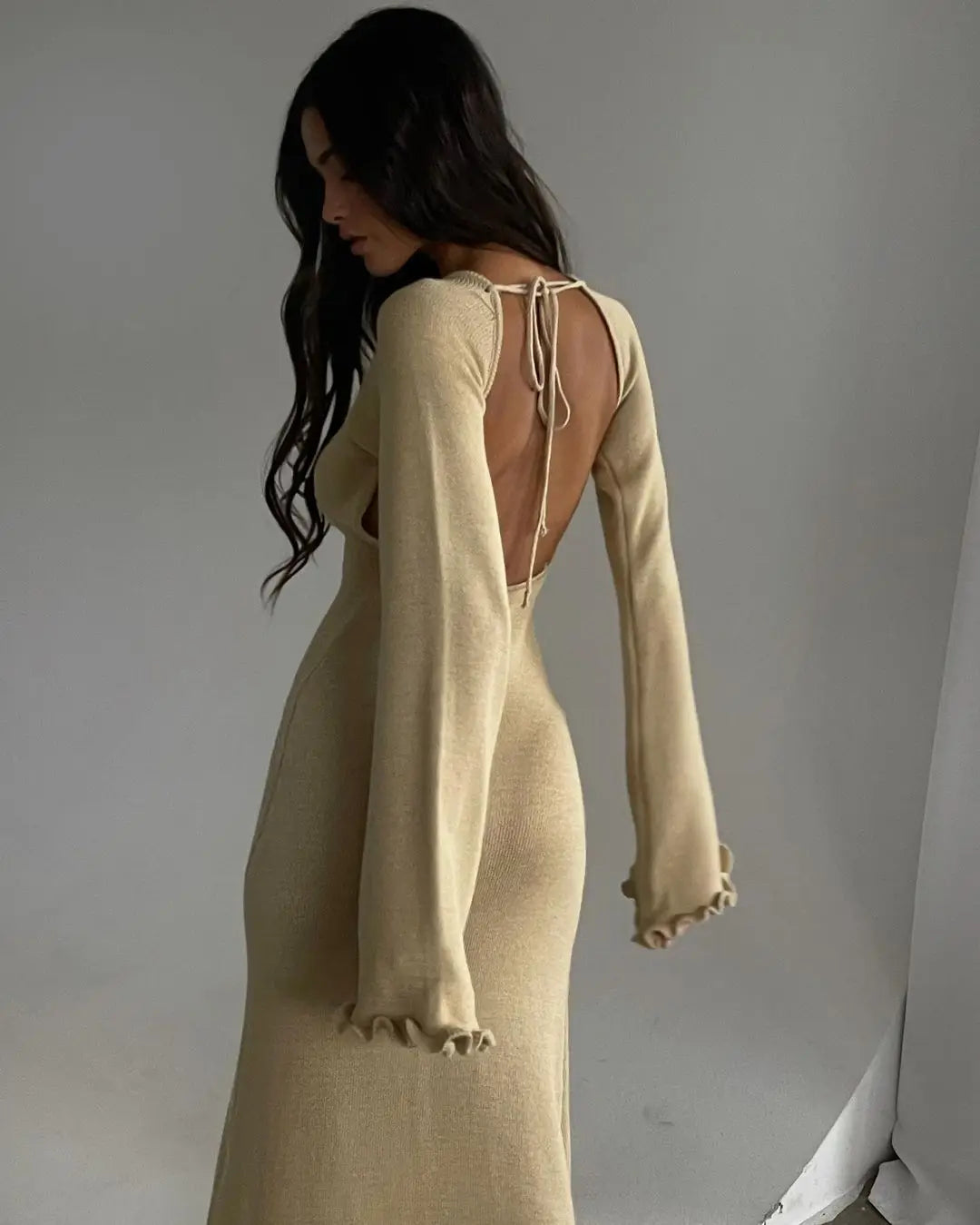 Cryptographic Elegant Knitted Sweater Maxi Dress Outfits for Women Flare Sleeve Sexy Backless Dresses Edible Tree Fungus Clothes