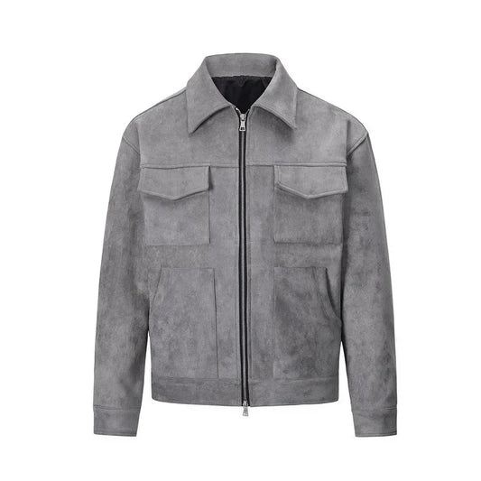 Vintage High Street Suede Material Crock Jacket With Zipper Lapel Casual Short Jacket For Men