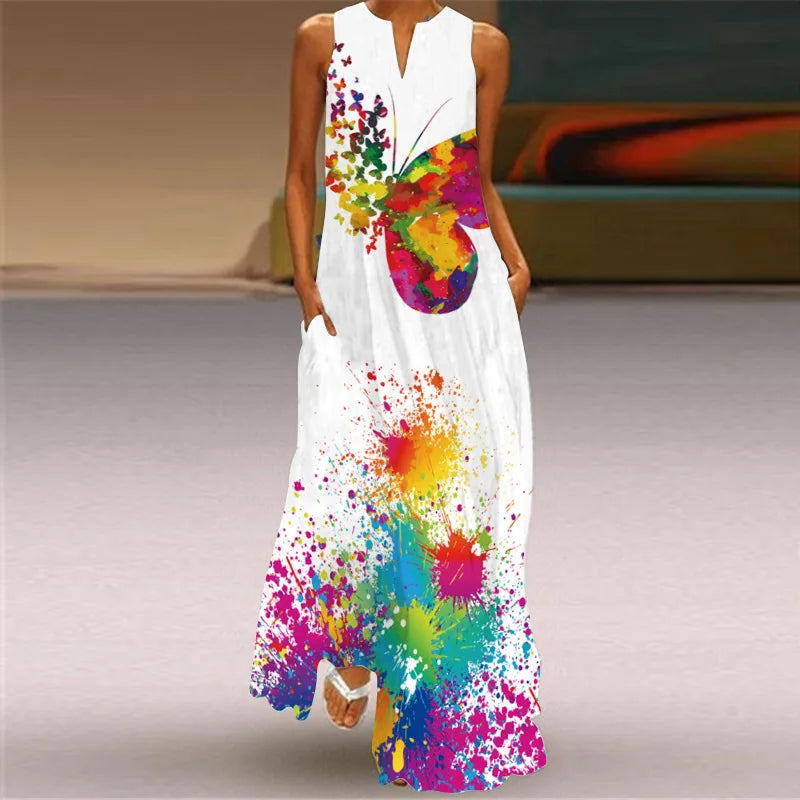 Mask printing Dress Sexy Sleeveless Dress  V-Neck  Casual  Clothing Women