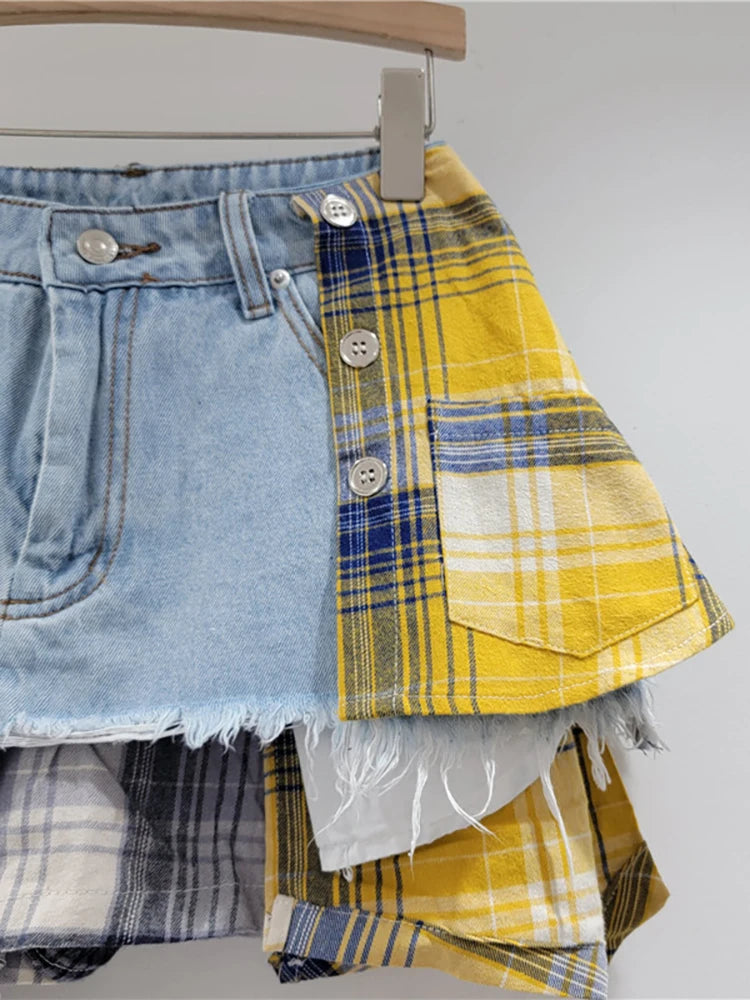 Women's Denim Skirt Colored Plaid Patchwork Irregular Deconstructed A-line High Waist Mini Skirt 2024 Autumn New Fashion