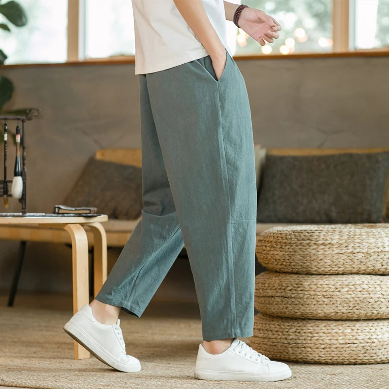 Summer Men's Trousers Cotton Linen Fashion Casual Pants Solid Color Breathable Loose Shorts Straight Pants Streetwear M-5XL