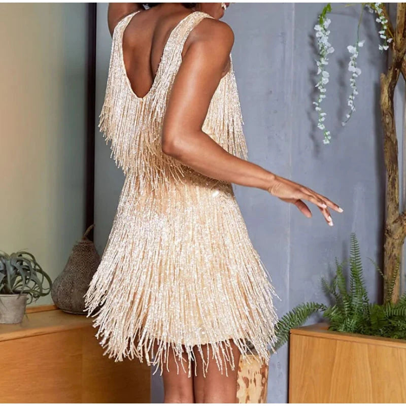 Sexy Tassel Sequins Feather Mini Dress Women Spaghetti Strap Stitching Dresses Female Elegant Evening Party Club Dress