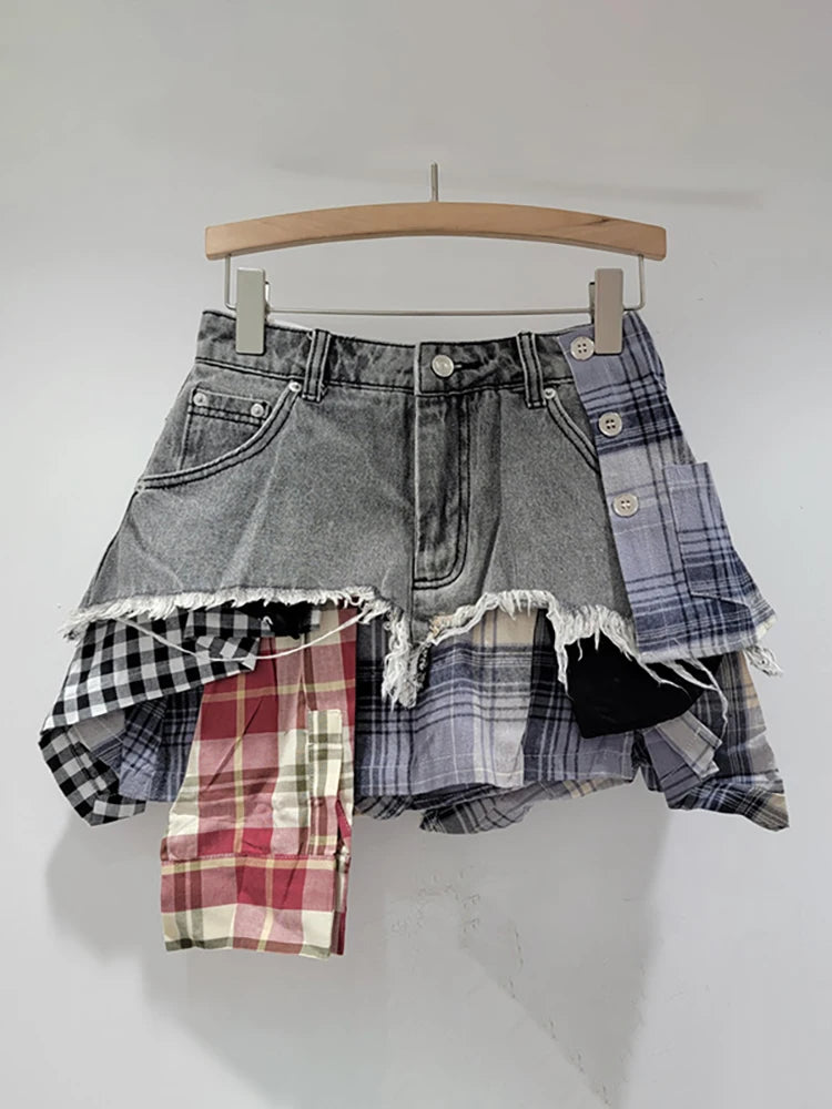 Women's Denim Skirt Colored Plaid Patchwork Irregular Deconstructed A-line High Waist Mini Skirt 2024 Autumn New Fashion