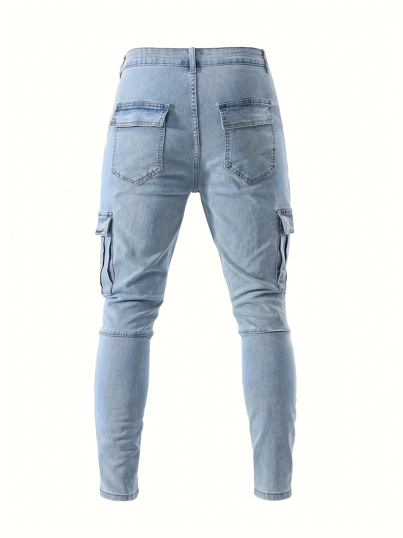 Men's Trendy Solid Cargo Denim Jeans With Side Pocket, Comfy Casual Slim Fit Trousers For Men's Outdoor Activities