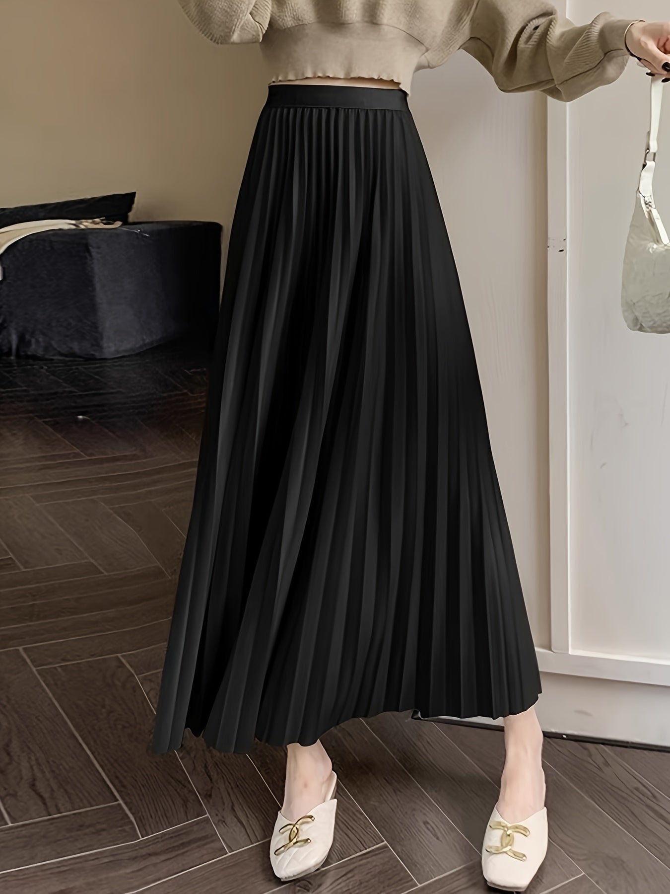 Solid Pleated High Waist Skirt, Versatile Skirt For Spring & Fall, Women's Clothing