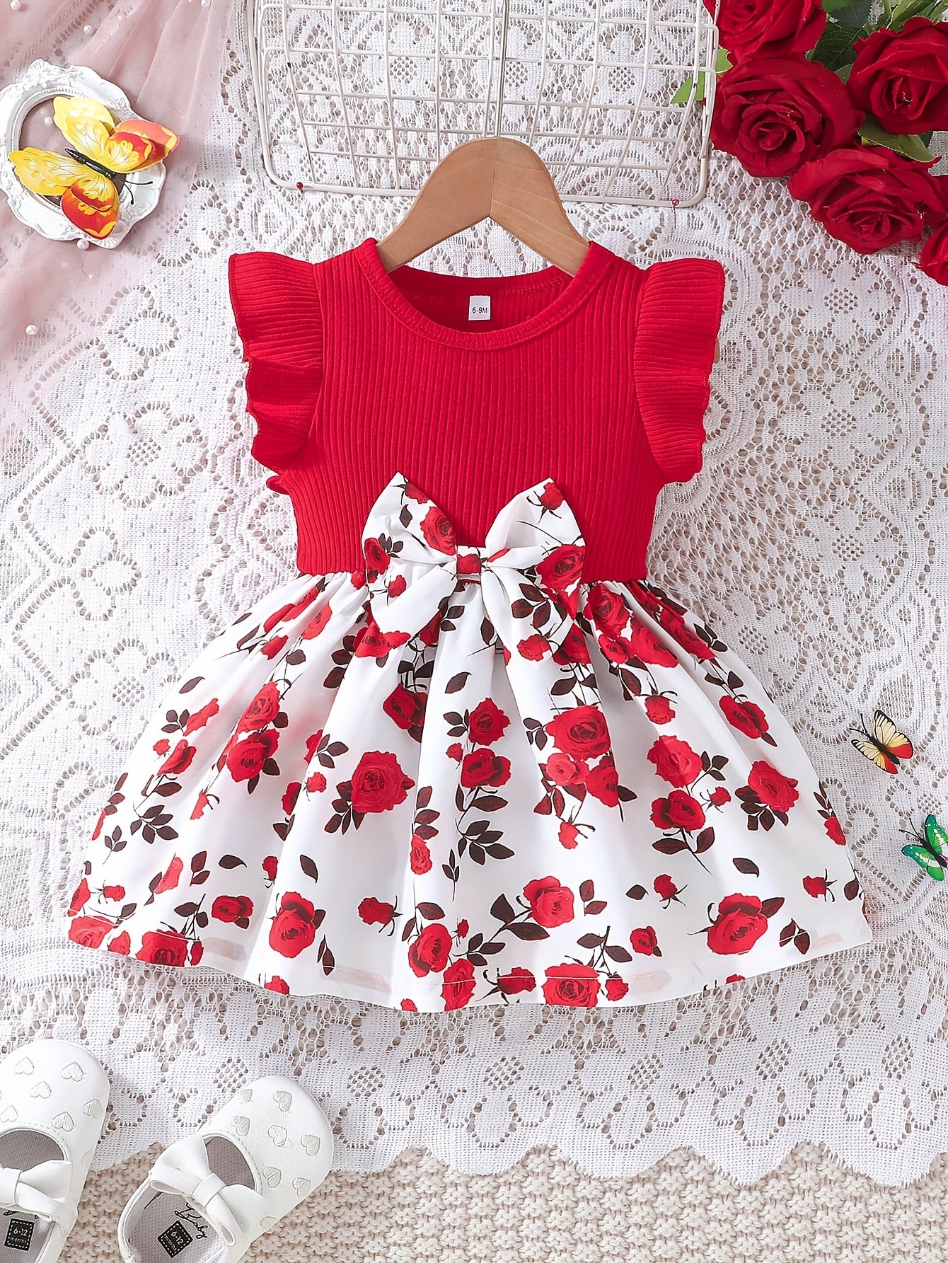 Baby's Bowknot Decor Casual Flower Pattern Cap Sleeve Dress, Infant & Toddler Girl's Clothing For Daily Wear/Holiday/Party, As Gift