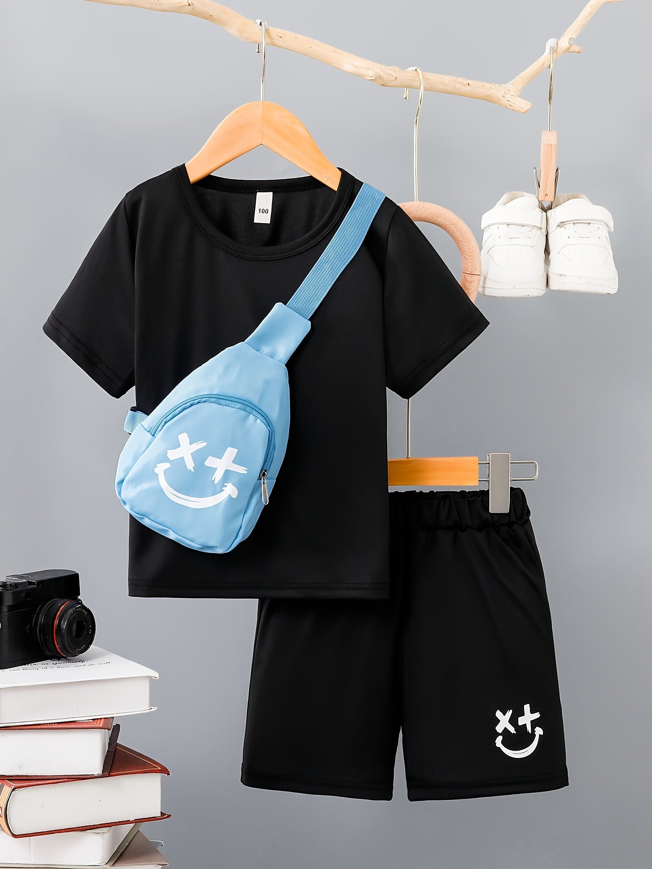 3pcs Boys Casual Solid Short Sleeve T-shirt & Smile Face Print Shorts & Crossbody Bag Set, Comfy Summer Kids Clothing