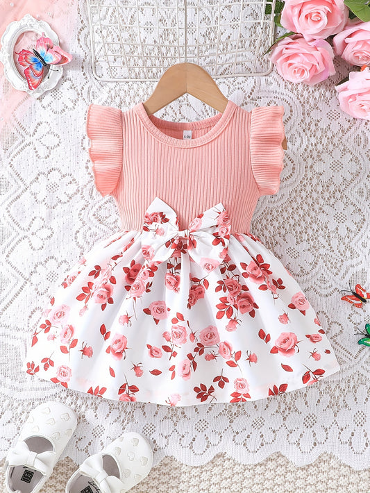 Baby's Bowknot Decor Casual Flower Pattern Cap Sleeve Dress, Infant & Toddler Girl's Clothing For Daily Wear/Holiday/Party, As Gift