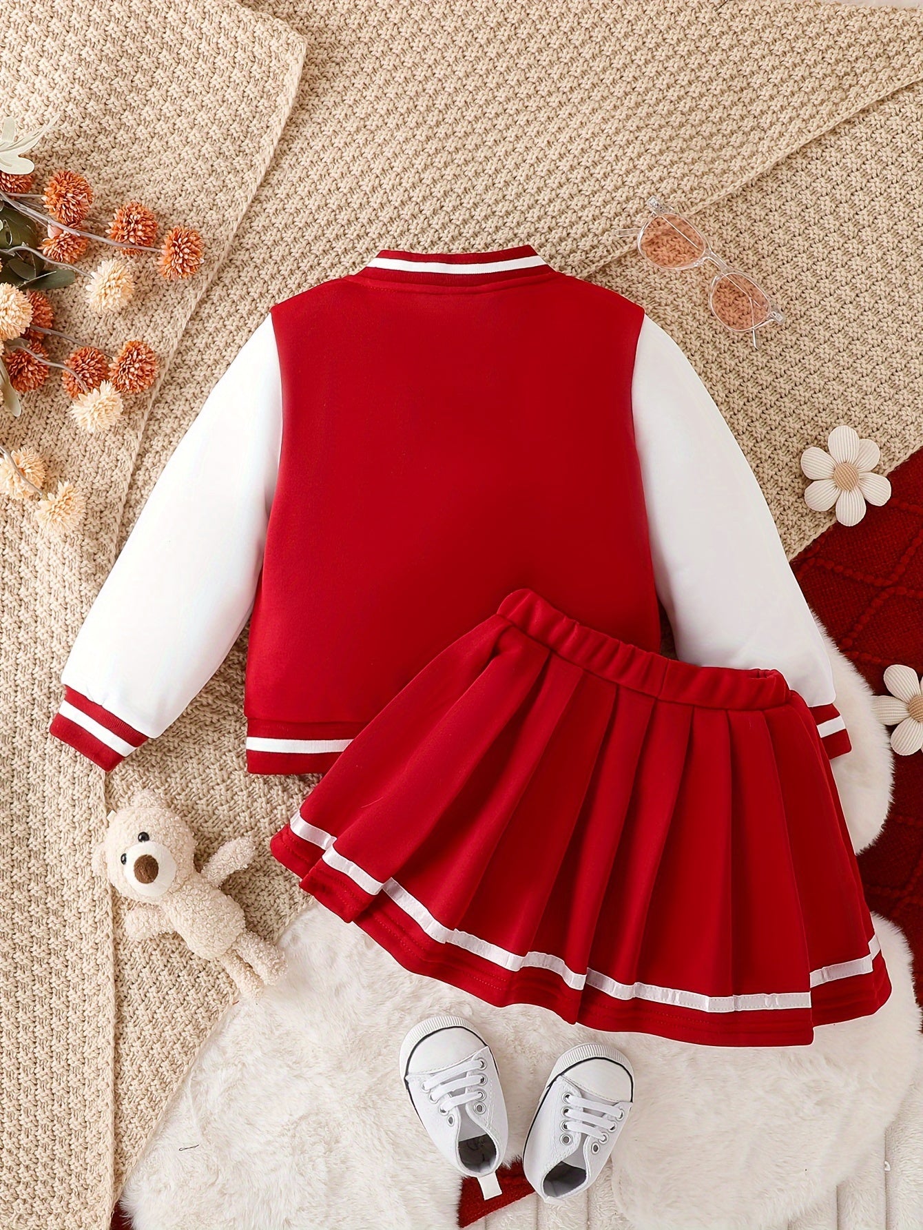 Preppy Style Girls 2pcs BABY GIRL Print Baseball Jacket + Pleated Skirt Set For Party Sports Gift