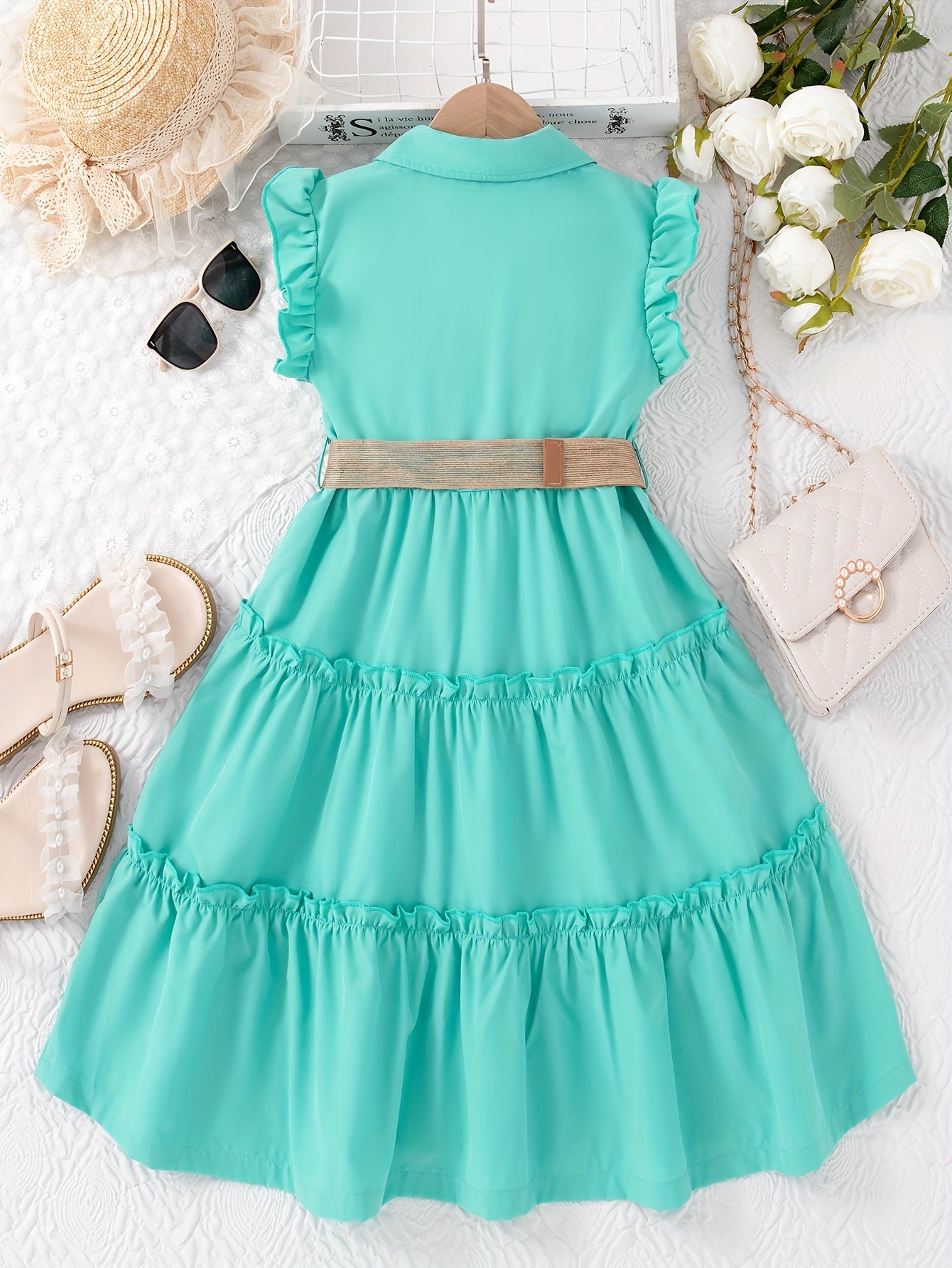 Girls Elegant Button Up Frill Sleeveless Dress Regular Fit Mid-Length Party Vacation Dress With Belt