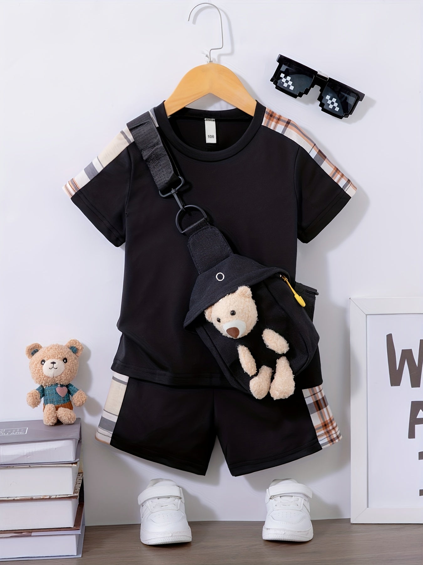 3pcs Boys Casual Solid Short Sleeve T-shirt & Smile Face Print Shorts & Crossbody Bag Set, Comfy Summer Kids Clothing