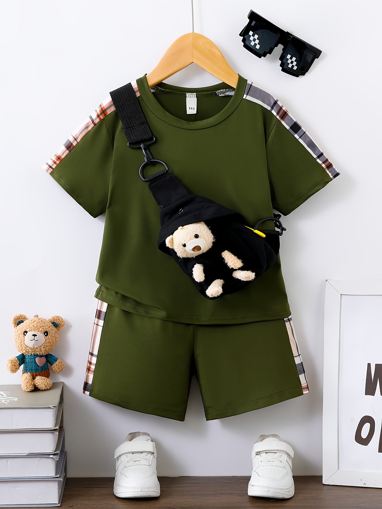 3pcs Boys Casual Solid Short Sleeve T-shirt & Smile Face Print Shorts & Crossbody Bag Set, Comfy Summer Kids Clothing