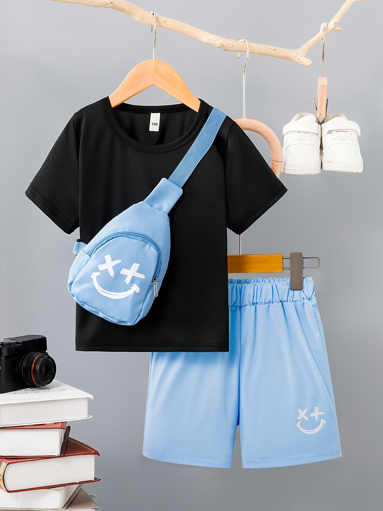 3pcs Boys Casual Solid Short Sleeve T-shirt & Smile Face Print Shorts & Crossbody Bag Set, Comfy Summer Kids Clothing