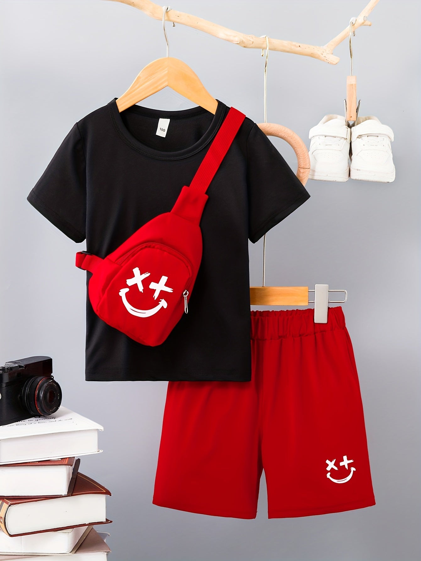 3pcs Boys Casual Solid Short Sleeve T-shirt & Smile Face Print Shorts & Crossbody Bag Set, Comfy Summer Kids Clothing