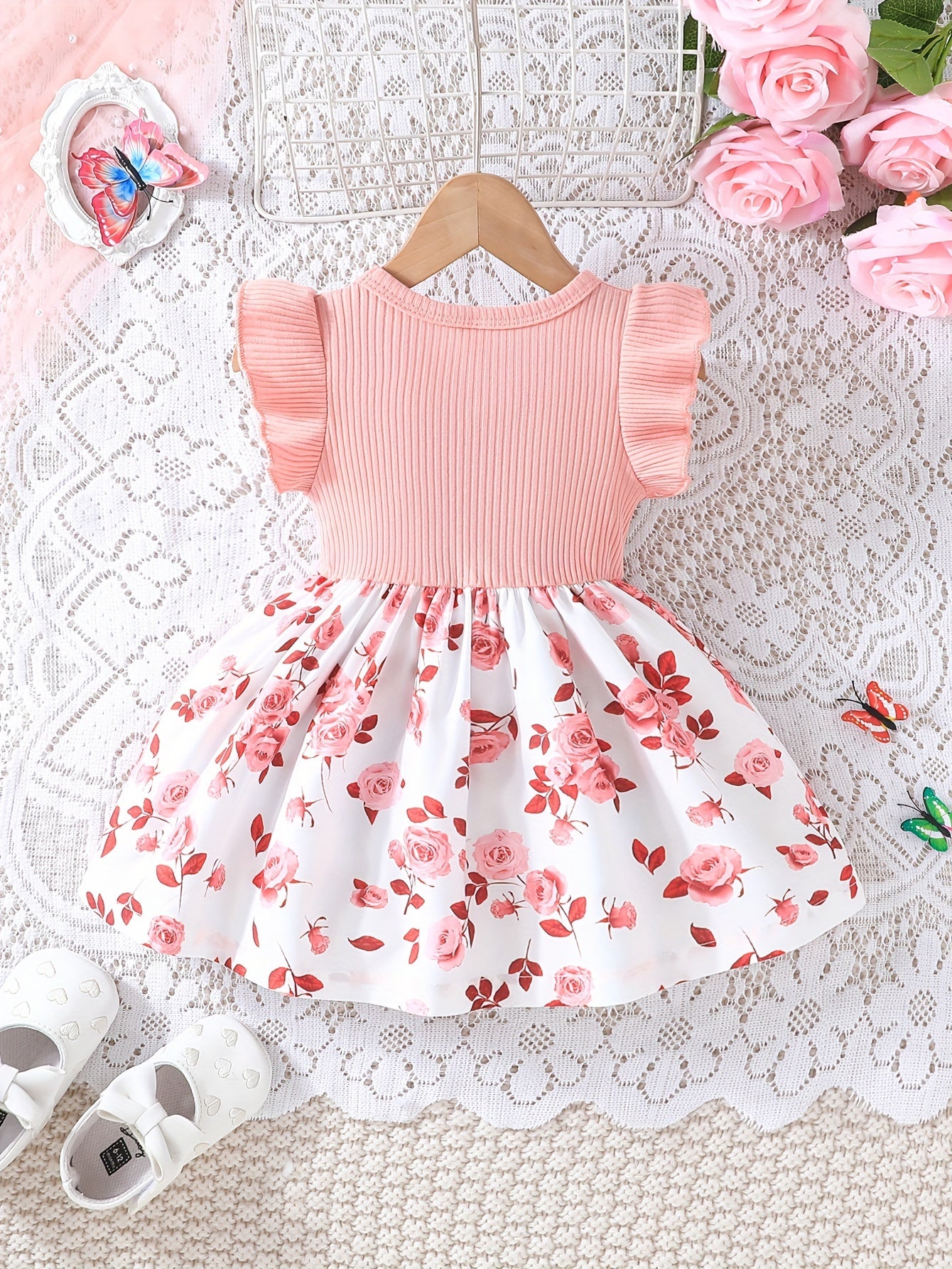 Baby's Bowknot Decor Casual Flower Pattern Cap Sleeve Dress, Infant & Toddler Girl's Clothing For Daily Wear/Holiday/Party, As Gift