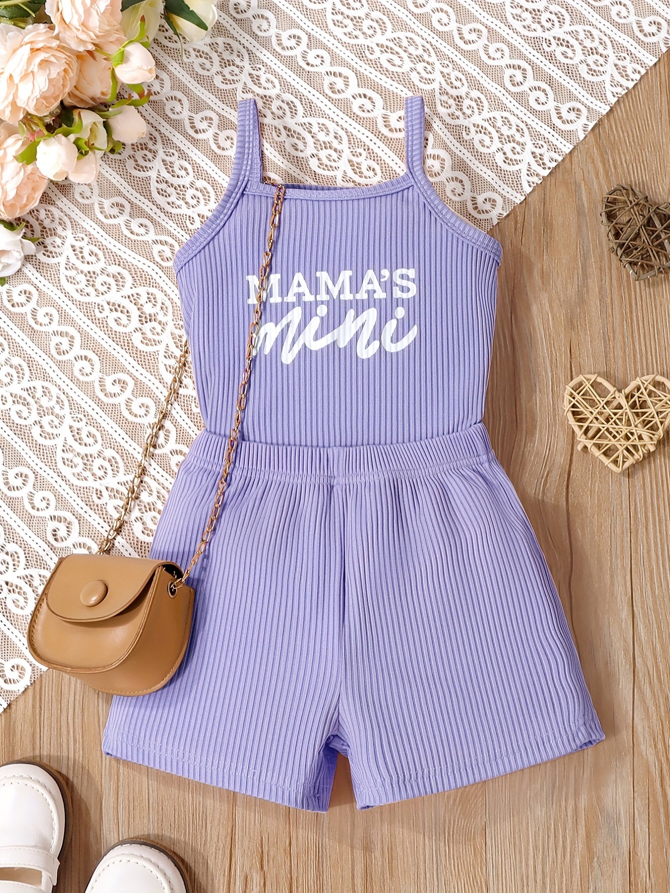 2pcs Toddler Girls Letter "MAMA'S MINI" Graphic Cami Top & Elastic Waist Shorts Set Kids Summer Clothes